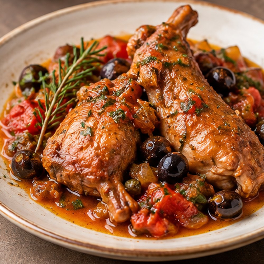 Coniglio alla lucana con olive ed erbe