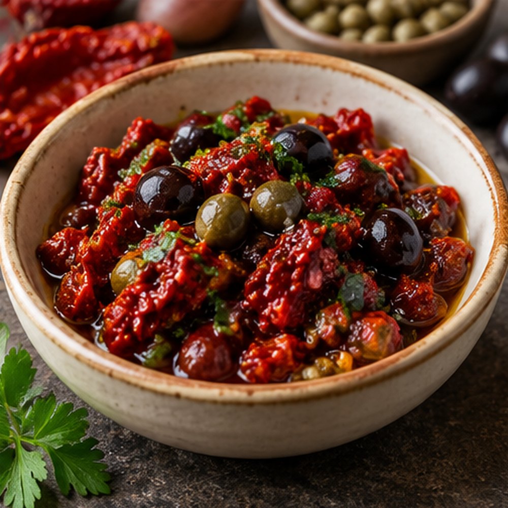 Salsa di pomodori secchi, olive e capperi