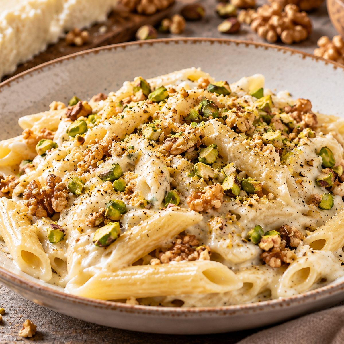 Pennette al Salva con granella di noci e pistacchi