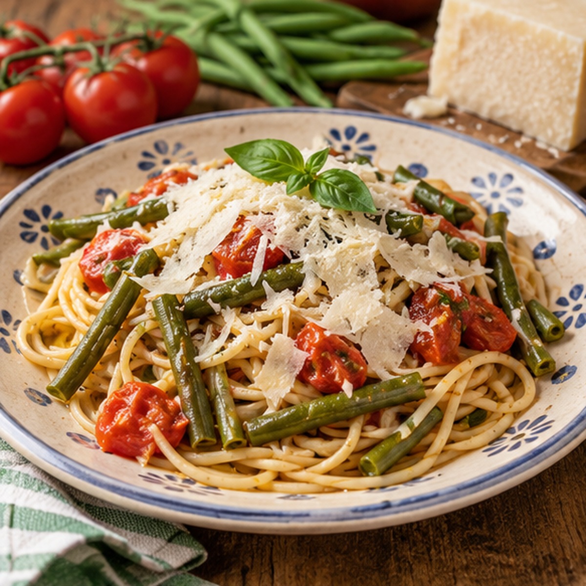 Pasta pomodoro fagiolini e cacioricotta