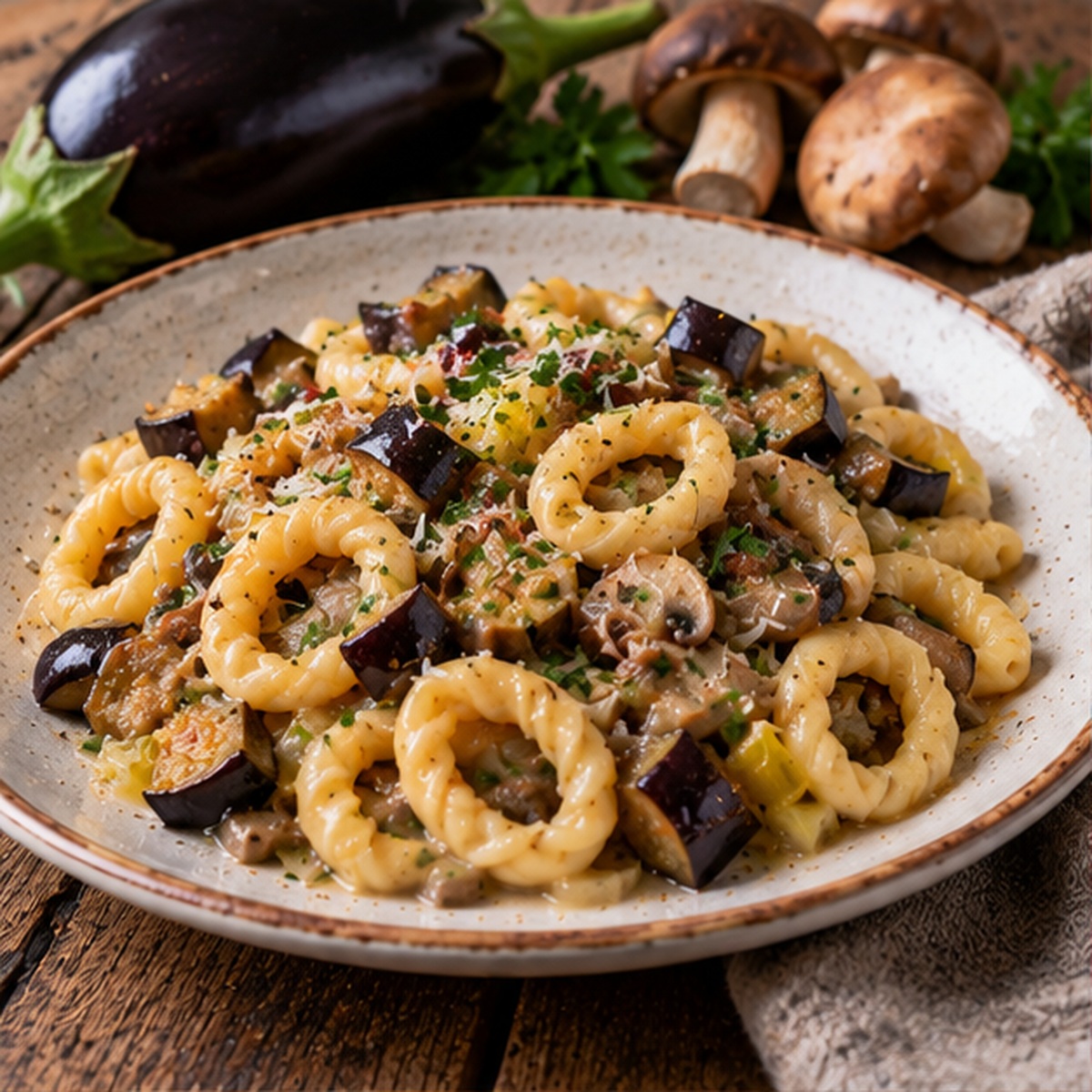 Lorighittas con melanzane e funghi