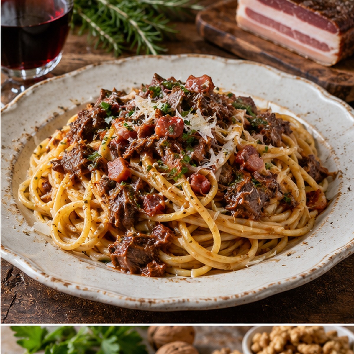 Spaghetti con lepre e pancetta