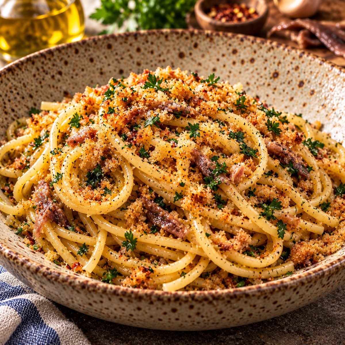 Bavette con acciuga e mollica
