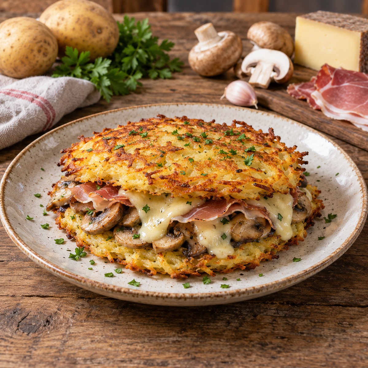 Tortel di patate ripieno con speck e funghi Tortel di patate ripieno con speck e funghi