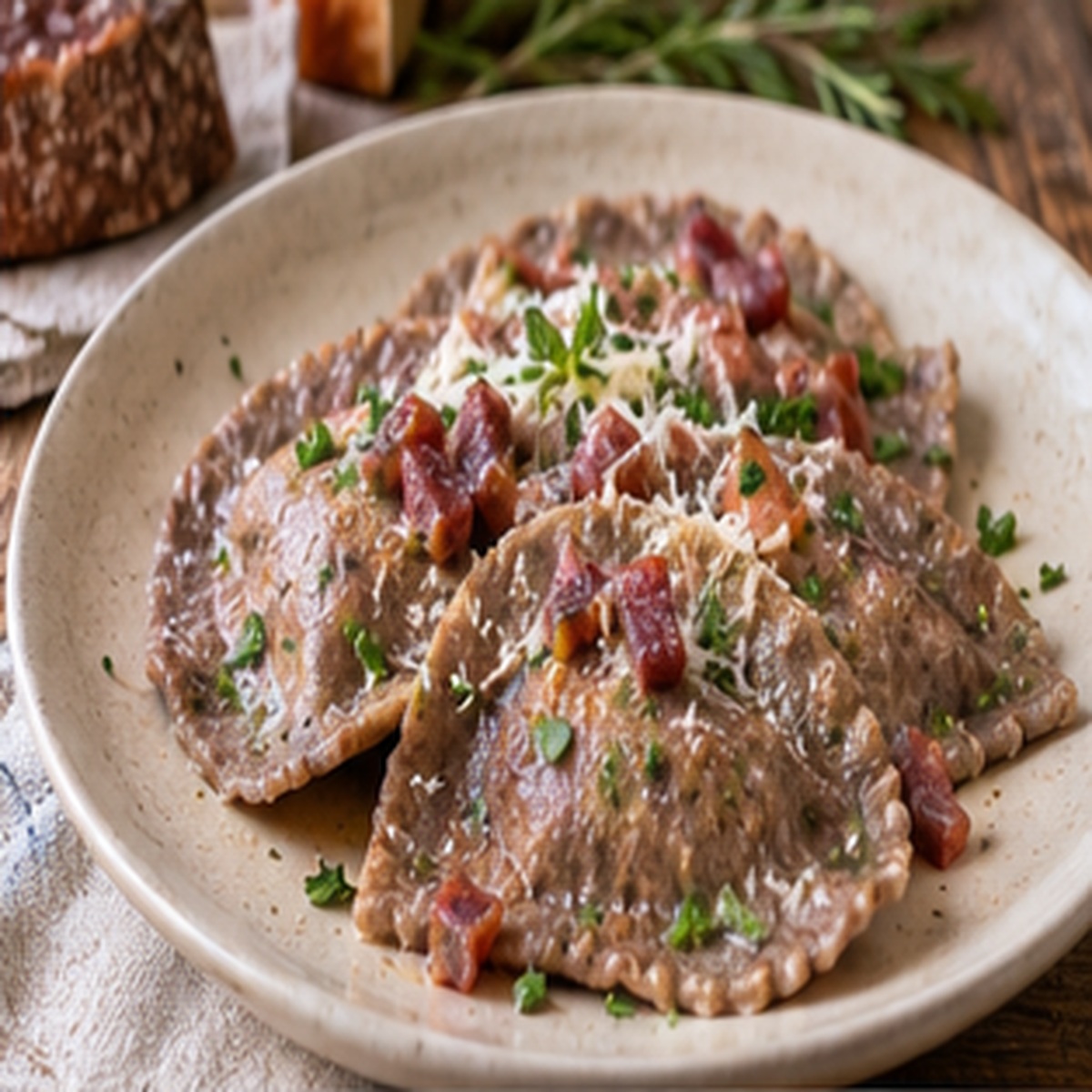 Ravioli al pane nero con carne affumicata Ravioli al pane nero con carne affumicata