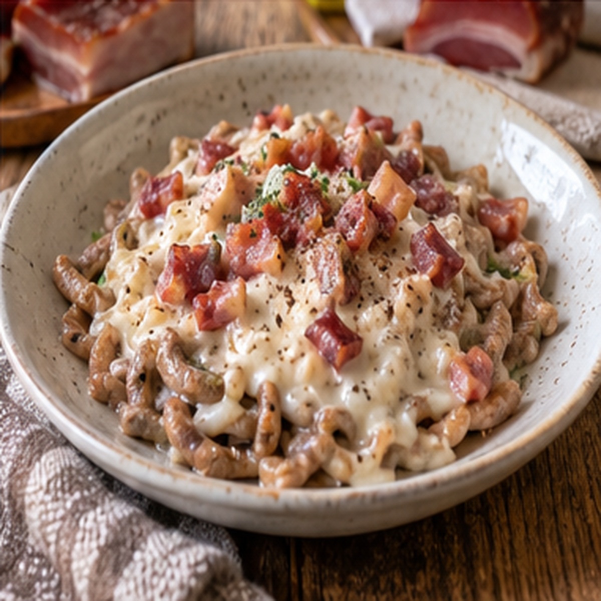 Spätzle di grano saraceno con panna e pancetta Spätzle di grano saraceno con panna e pancetta