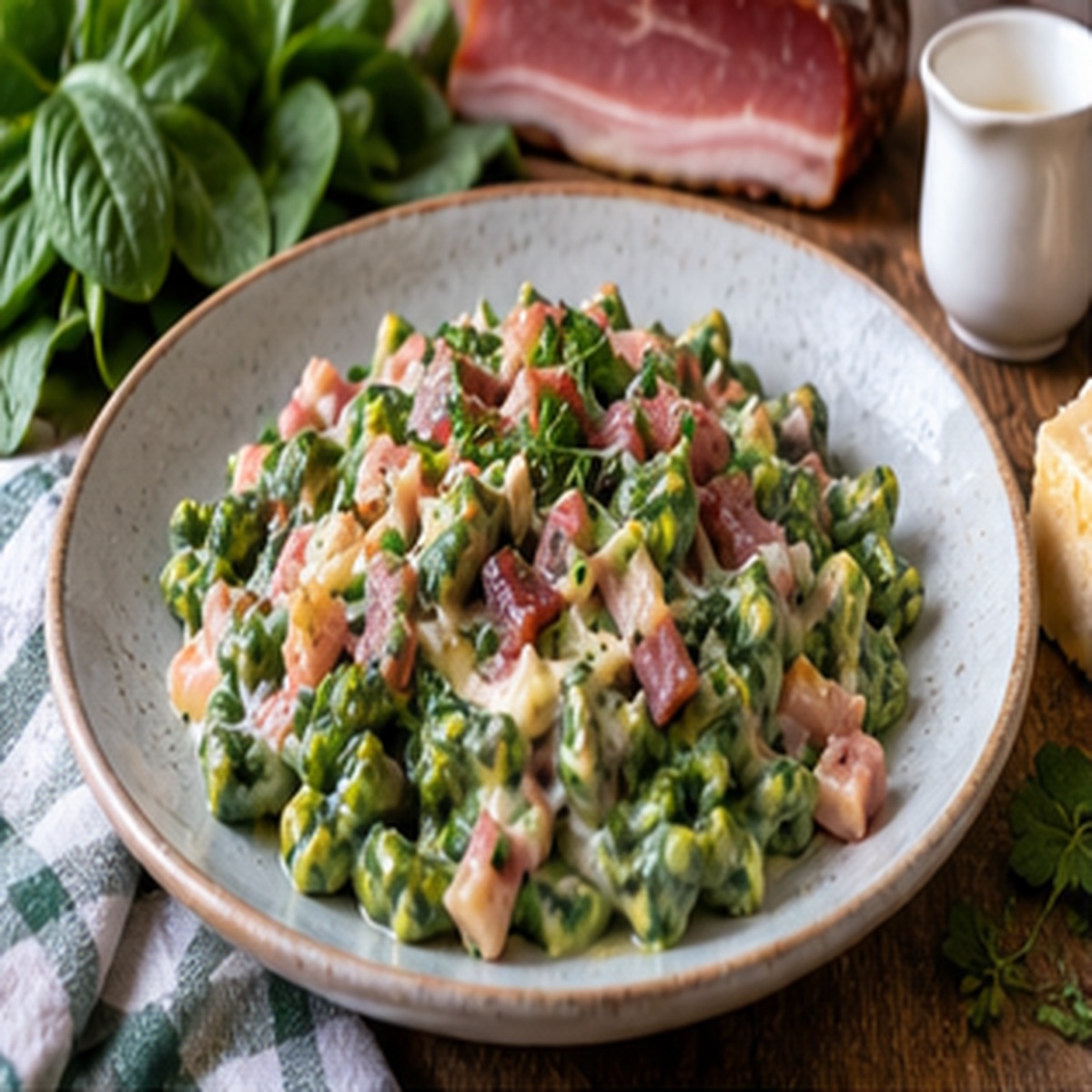 Spätzle di spinaci con speck e panna Spätzle di spinaci con speck e panna