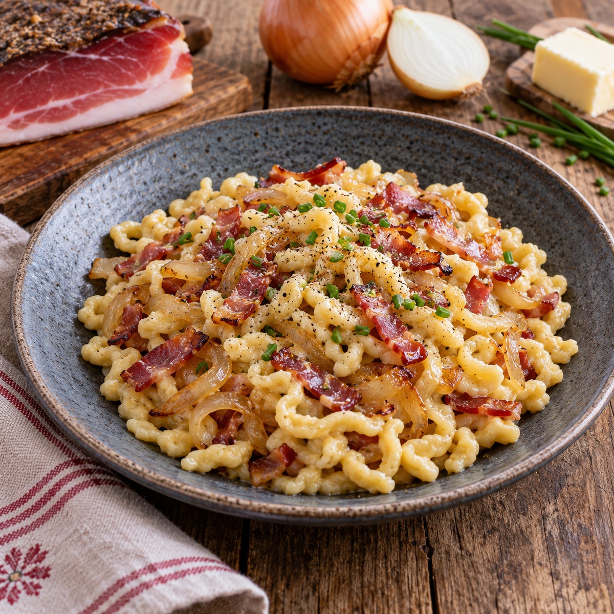 Spätzle speck e cipolle stufate Spätzle speck e cipolle stufate