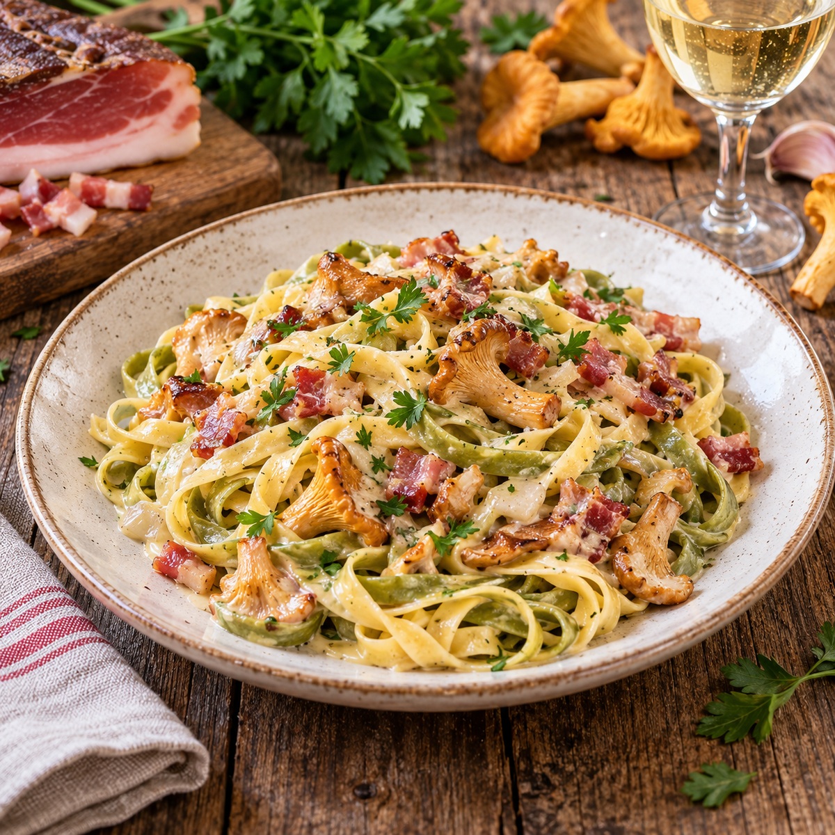 Tagliatelle con finferli e speck Tagliatelle con finferli e speck