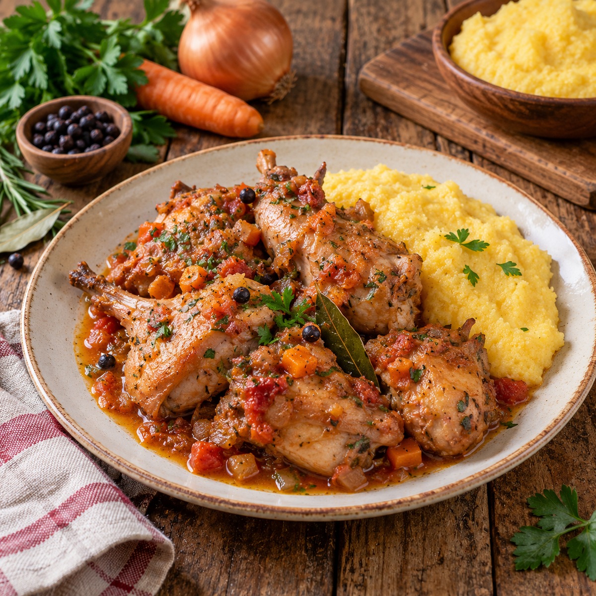 Coniglio alla trentina con polenta