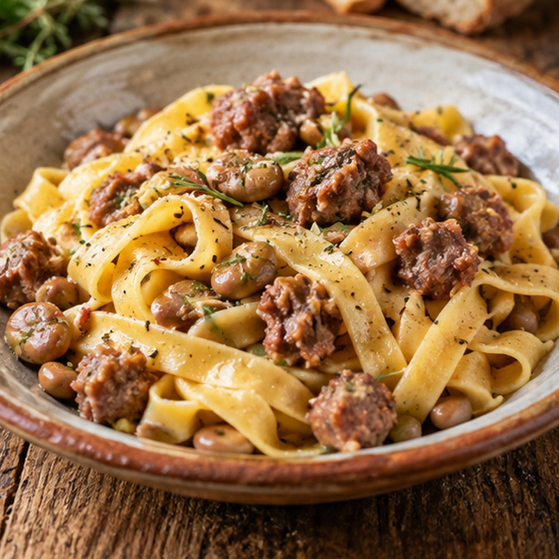 Immagine illustrativa del piatto: Tagliatelle con cicerchie e salsiccia pezzente