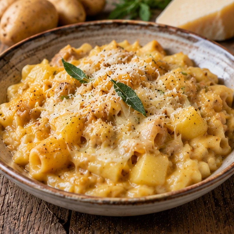 Immagine illustrativa associata a Pasta e patate con provola