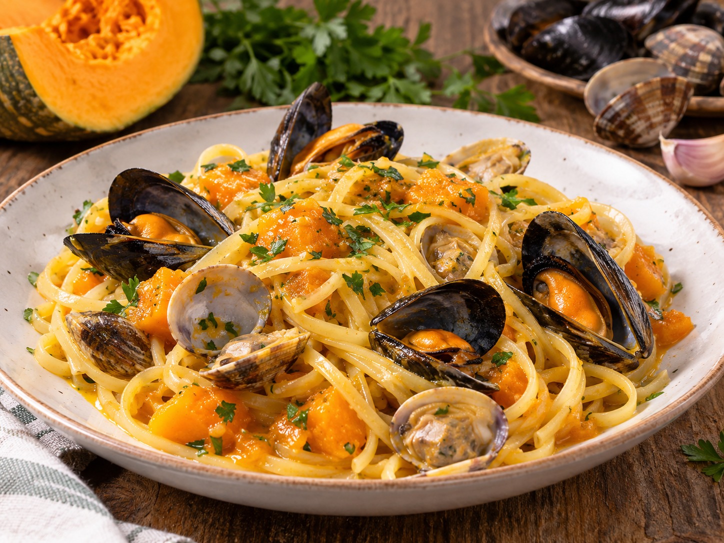 Linguine con cozze, vongole e zucca Linguine con cozze, vongole e zucca